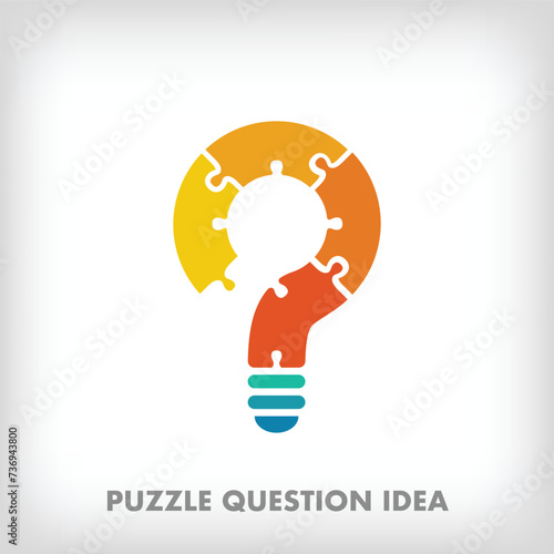 Creative puzzle pieces question mark and light bulb logo. Unique color transitions. Education idea, reading and growth stage logo template. vector