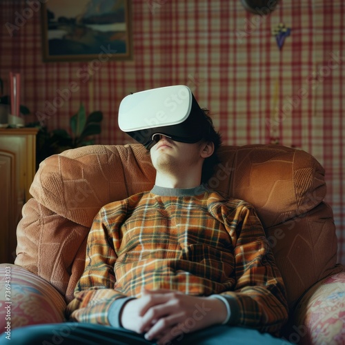  Young Man using a virtual reality headset. vr