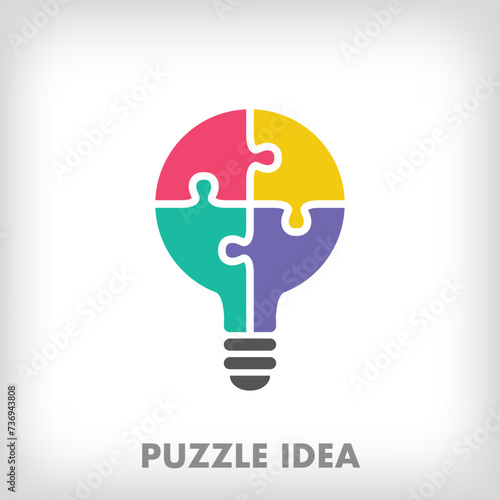 Creative puzzle pieces and light bulb logo. Unique color transitions. Idea and development stage logo template. vector