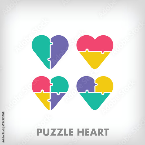 Creative puzzle pieces and 4 different heart logos. Unique color transitions. Health and romantic logo template. vector