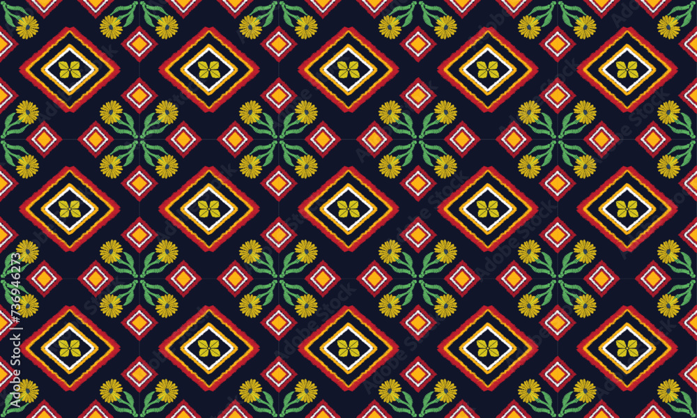 Floral seamless embroidery on black background.Ikat ethnic oriental pattern traditional. Ethnic pattern style. Design for ikat, blanket, fabric, clothing, carpet, textile, ethnic, batik, embroidery.