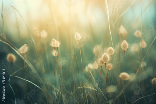 Beautiful wild meadow with grass on morning sunlight 