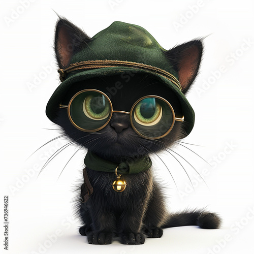 cat, black cat, cute cat and kind, cat with glasses and hat, The image depicts a cute cat wearing glasses and a hat, drawn in a cartoon style, with a playful expression