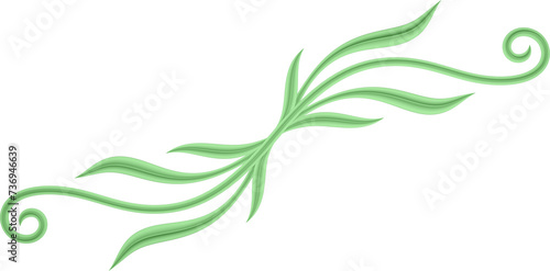 3D rendering of a curved branch with leaves of different sizes on a transparent background