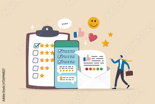 Customer survey, feedback to improve service, online and offline survey, review or poll rating, user satisfaction report or questionnaire concept, man with survey on clipboard paper, mobile and email.