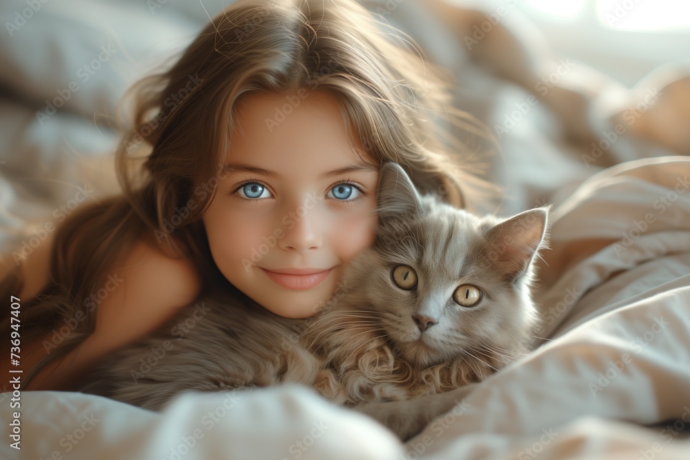 Girl with Blue Eyes and British Shorthair Gray Cat Pose in Beautiful Harmony Girl with Blue Eyes and British Shorthair Gray Cat Pose in Beautiful Harmony