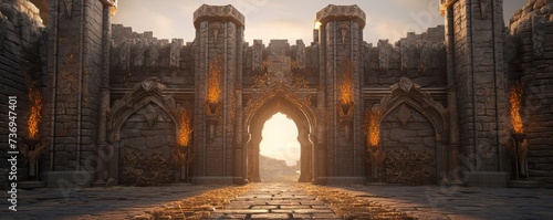 The formidable gate of a medieval fortress, fortified with heavy wooden doors and flanked by towering stone walls, symbolizing strength and security.