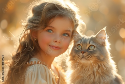 Girl with Blue Eyes and British Shorthair Gray Cat Pose in Beautiful Harmony © yevgeniya131988