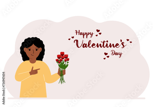 A happy little girl holds a bouquet of flowers in his hand. Next to the text Happy Valentine's Day. Concept for postcard, congratulations, banner or poster.
