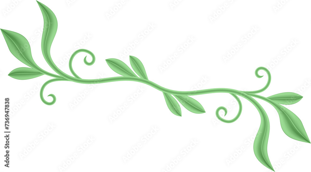 3D rendering of a curved branch with leaves of different sizes on a transparent background 3D rendering of a curved branch with leaves of different sizes on a transparent background