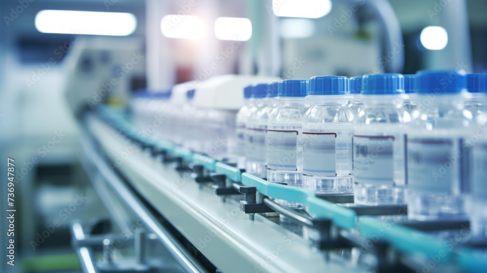 Glass vials with liquid contents are moved along a conveyor belt in a research laboratory. Mass production of vaccines and medicines in a Pharmaceutical factory. Healthcare and medicine concepts. Glass vials with liquid contents are moved along a conveyor belt in a research laboratory. Mass production of vaccines and medicines in a Pharmaceutical factory. Healthcare and medicine concepts.