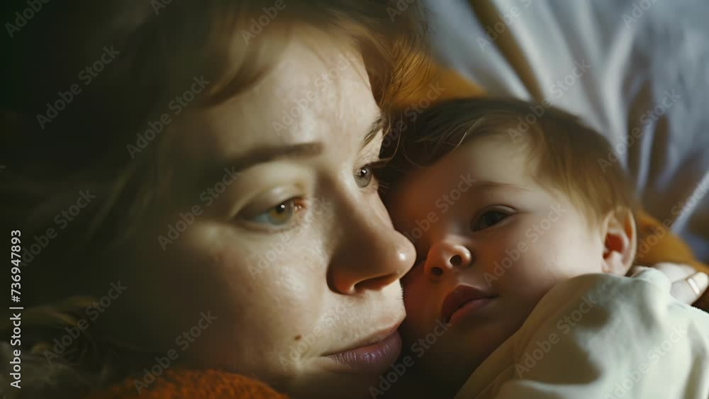 A young mother with a tired and defeated look on her face as she tends to her crying baby, A female Holding a Baby in Her Arms A young mother with a tired and defeated look on her face as she tends to her crying baby, A female Holding a Baby in Her Arms