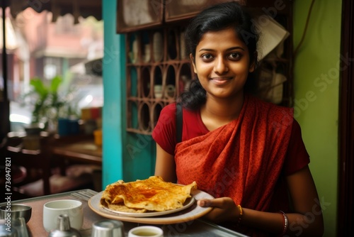 21-year-old Indian woman relishing a serving of masala dosa at a quaint café in the heart of Bengaluru.