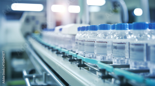 Glass vials with liquid contents are moved along a conveyor belt in a research laboratory. Mass production of vaccines and medicines in a Pharmaceutical factory. Healthcare and medicine concepts. photo
