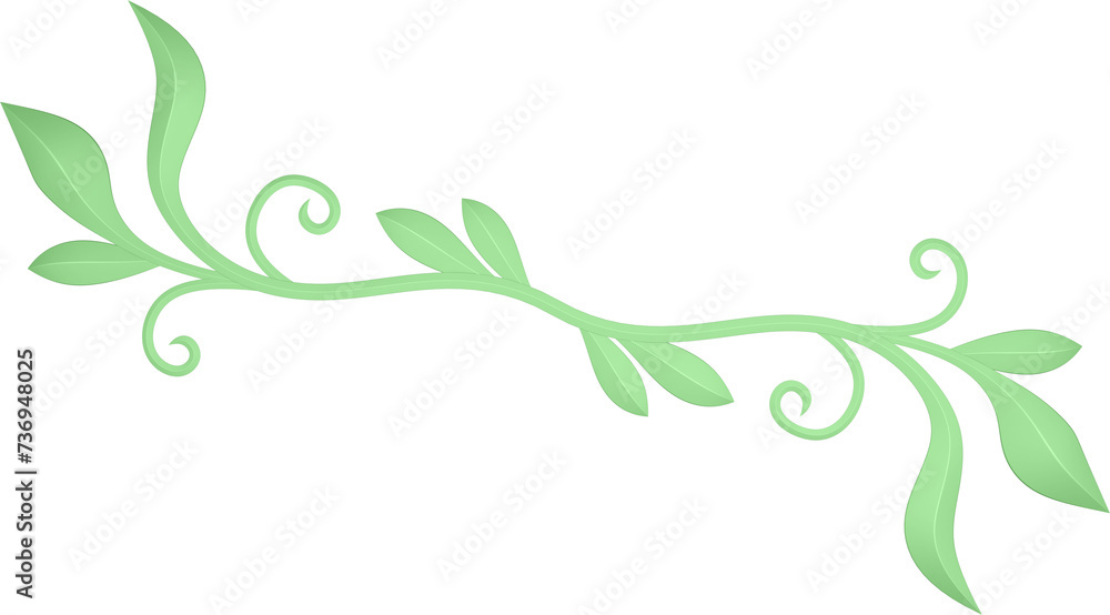 3D rendering of a curved branch with leaves of different sizes on a transparent background 3D rendering of a curved branch with leaves of different sizes on a transparent background