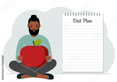 Diet plan illustration. A man sits cross-legged and holds a large red apple. The concept of diet food, meal planning, nutrition consultation.