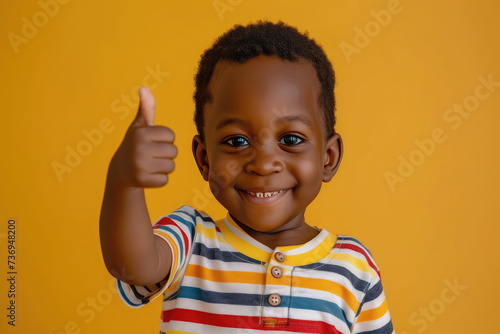 Happy little cute African boy giving thumbs up on yellow background