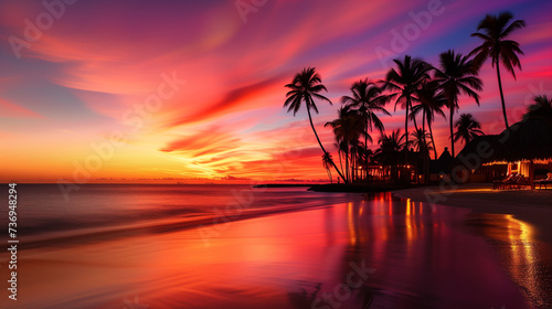 Sunset Paradise: Breathtaking Tropical Beach Panorama with Vibrant Sky, Silhouetted Palm Trees, and Thatched Huts on Pristine White Sand