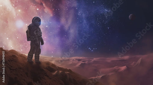 Astronaut fantasy standing on the surface of a distant planet, immersed in the awe-inspiring vista of a star-filled sky. In the foreground, the astronaut is depicted in a spacesuit,