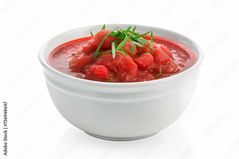 borscht in a bowl, on a pure white background, frontal perspective borscht in a bowl, on a pure white background, frontal perspective