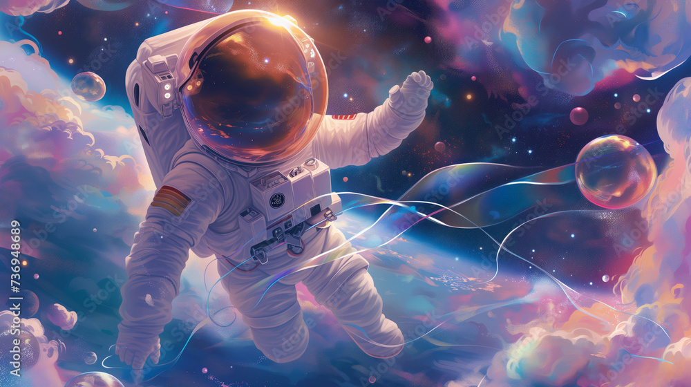Astronaut floating weightlessly in space, surrounded by shimmering stardust and cosmic clouds. In the foreground, the astronaut is depicted in a spacesuit, Celestial Dreamer - obrazy, fototapety, plakaty 