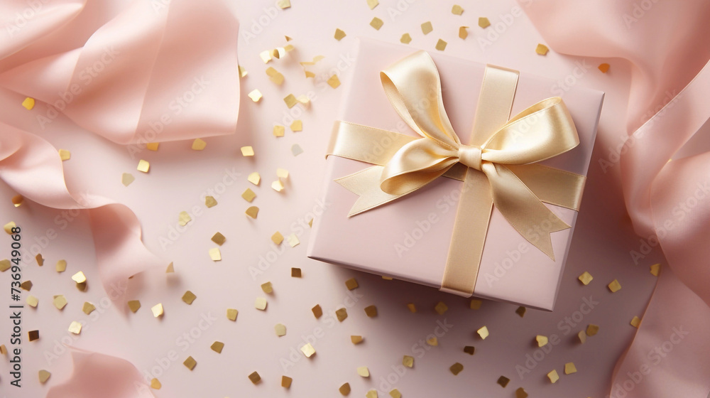 A beautiful yellow giftbox with a pastel pink bow on a pink color background with sequences of confetti and ribbons. A beautiful yellow giftbox with a pastel pink bow on a pink color background with sequences of confetti and ribbons.