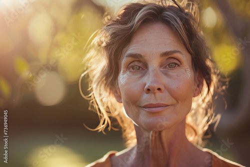 Headshot of beautiful mature Caucasian woman with blurred nature background in soft morning sunlight. Old age skin care concept