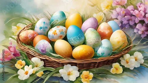 Easter eggs in a basket. Watercolor art