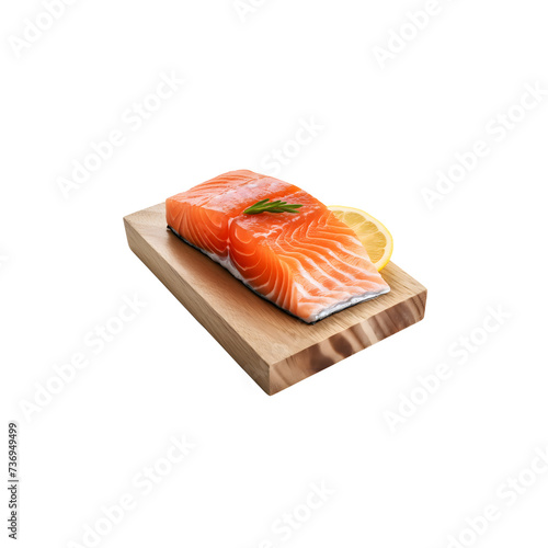 Salmon slice on wooden plate isolated on transparent background png
