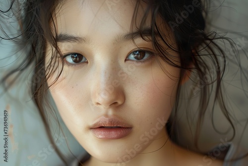 Calm relaxed young Korean woman with soft clean perfect skin looking at camera, posing for cropped portrait
