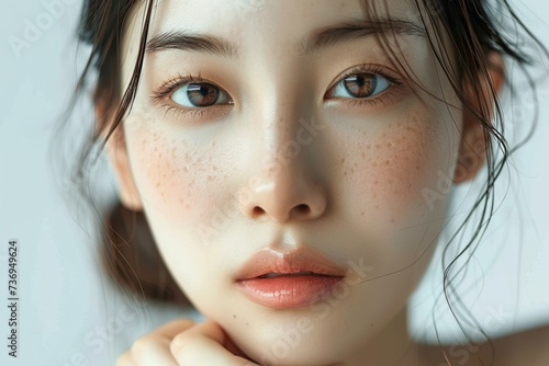 Calm relaxed young Korean woman with soft clean perfect skin looking at camera, posing for cropped portrait