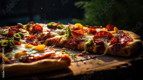 Delicious pizza with salami, cheese and tomatoes close up