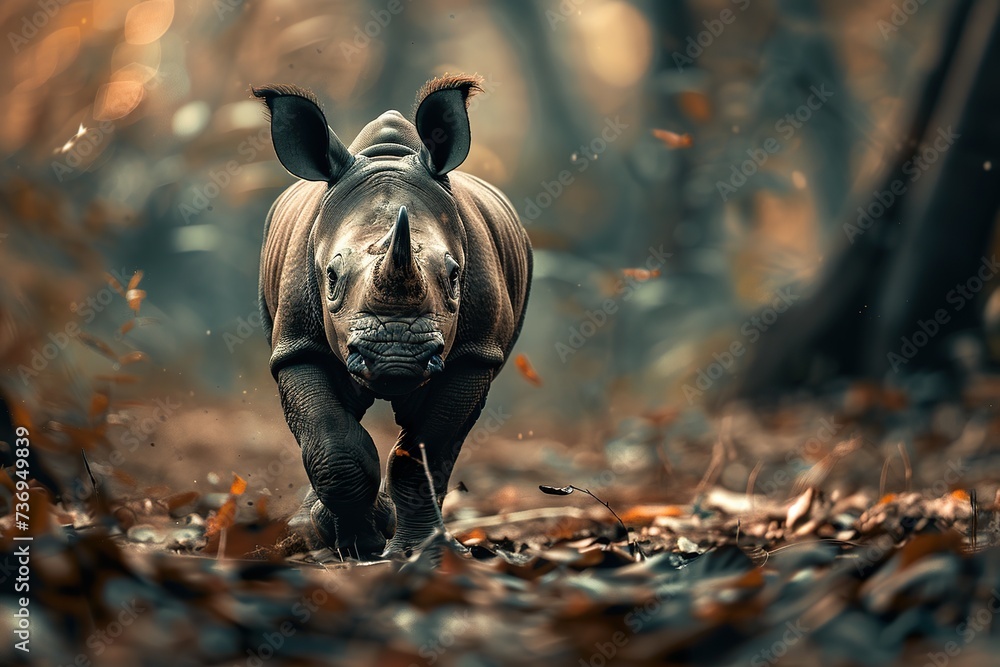 baby rhinoceros, Professional photo, wildlife tele shot style, blur background - obrazy, fototapety, plakaty 