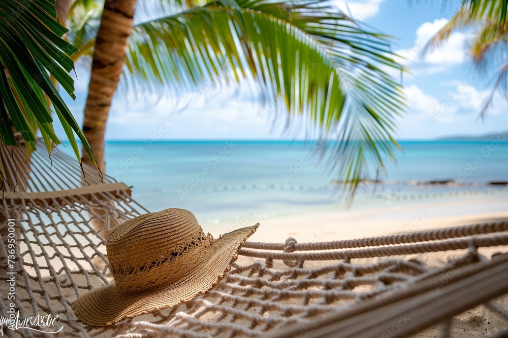 a single hammock with a straw hat on it, a green palm leaf on the top left corner, with a sandy beach and calm blue sea in the background, conveying a peaceful and relaxing tropical 