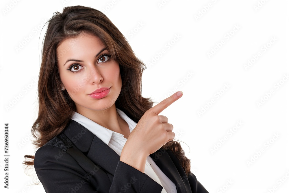a beautiful woman pointing to the side and pointing at something over white background office concept a beautiful woman pointing to the side and pointing at something over white background office concept