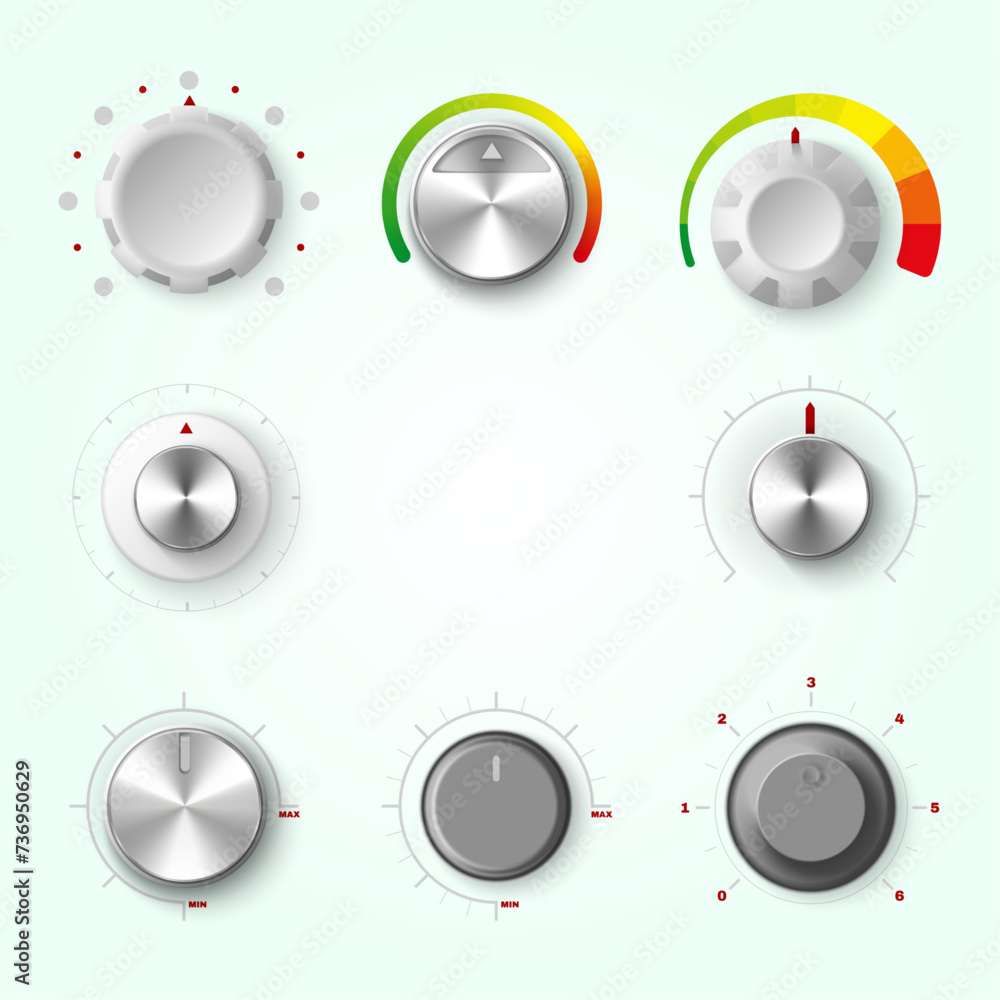 round adjustment dial white background realistic set analogue knobs ...