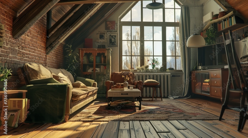Living room interior in the attic, aesthetic style. Generative Ai Stock Photo | Adobe Stock
