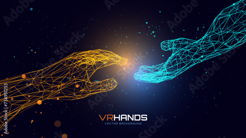Creation AI Concept - Hands Reaching Towards Each Other. Concept of Human Relation, Partnership. Polygonal Mesh Wireframe Hands in Virtual Reality. 3D Low Poly Style Vector Illustration.