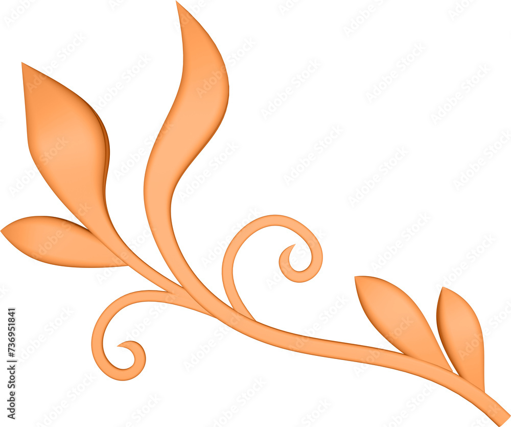 3D illustration rendering of a branch with curved leaves of different sizes on a transparent background
