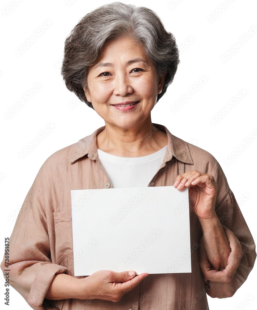 Grandmother in her 70s holding a blank card Grandmother in her 70s holding a blank card