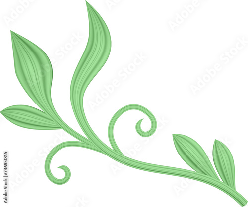 3D illustration rendering of a branch with curved leaves of different sizes on a transparent background