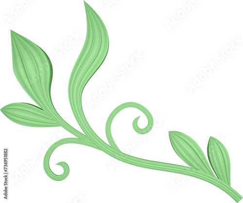 3D illustration rendering of a branch with curved leaves of different sizes on a transparent background