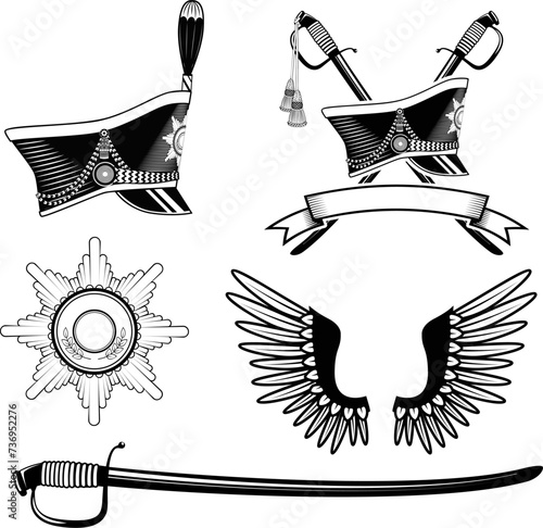 Shako Hussar, roundels, scimitar. Set of items for design in vector