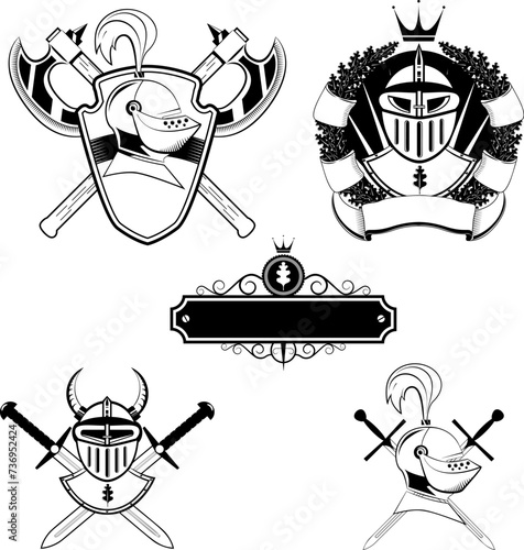 knight's helmet, shield and swords and battle-ax.Set of design elements in vector