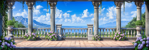 Mediterranean Elegance: A Serene Garden View with Classical Architecture, Lush Greenery, and a Glimpse of the Sea, Invoking Summer and Travel Nostalgia