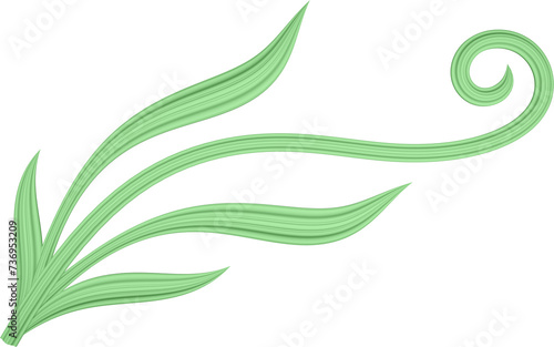 3D illustration rendering of a branch with curved leaves of different sizes on a transparent background