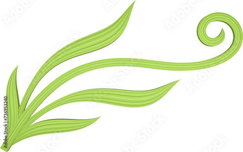 3D illustration rendering of a branch with curved leaves of different sizes on a transparent background