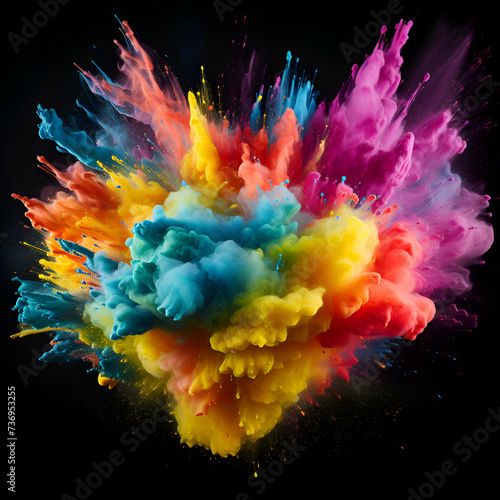 Colorful explosion of paint isolated on black background. 3D rendering