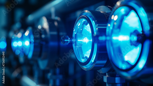 Illuminated Sight Glasses on Vibrant Blue Industrial Pipes in Manufacturing Plant Facility, Complex System for Visual Inspection of Flow and Contents, Tools for Operational Optimization and Efficiency