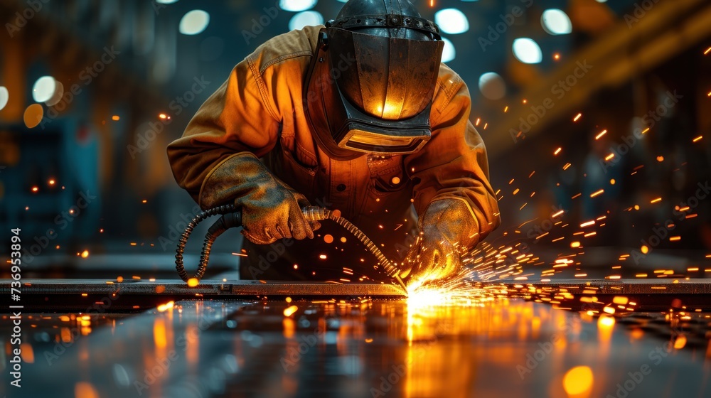Skilled welder at work with sparks flying in industrial environment Skilled welder at work with sparks flying in industrial environment